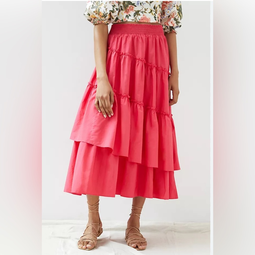 Maeve Tiered Midi Skirt in Bright Pink